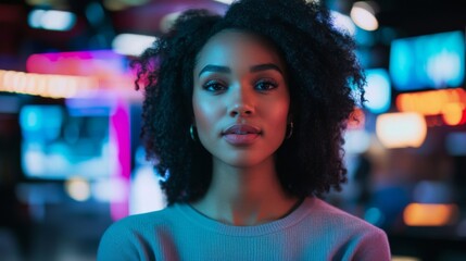 Fototapeta premium Close Up Portrait of an Attractive Woman with Curly Hair Against Blurred Colorful Lights