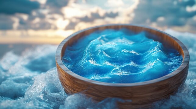 A floating wooden chalice containing an oceanic blue drink, swirling like waves under a celestial sky.