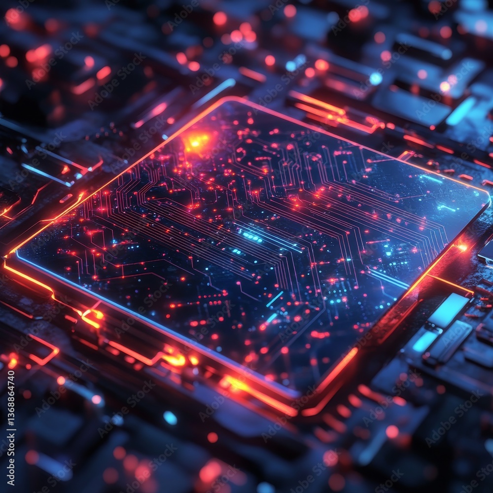 Aufkleber Futuristic Circuit Board with Glowing Red and Blue Pathways, Representing Advanced Technology and Digital Innovation.