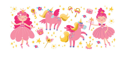 Cartoon dancing ballerina with pink unicorn in a skirt. illustrations doodle set, isolated design elements.