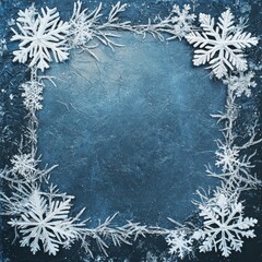 Frozen Frame: Intricate Snowflakes and Icy Branches Bordering a Textured Winter Background for Holiday or Seasonal Designs