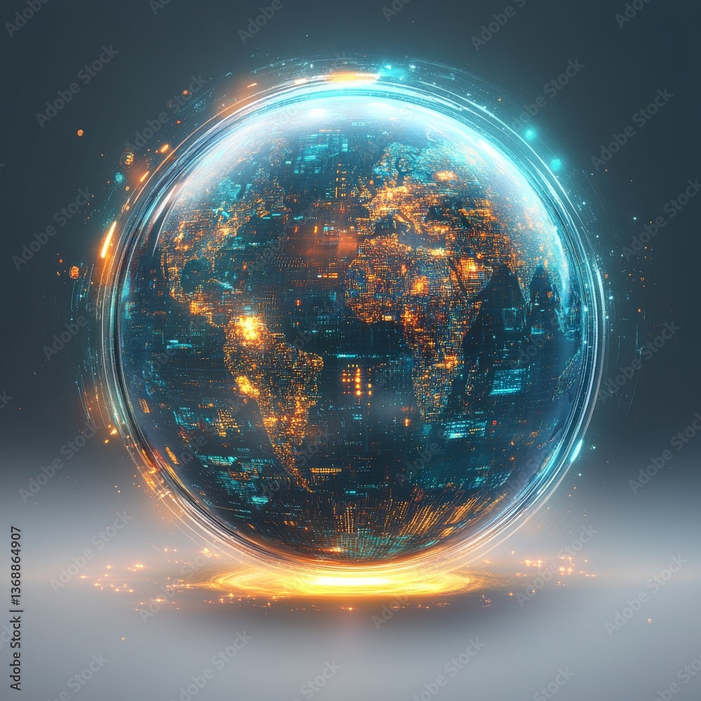 Aufkleber Global Network Connectivity: A Glowing Orb Representing Interconnected Cities and Technological Advancement