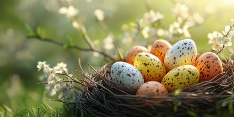 Fototapeta premium Colorful speckled eggs arranged in a nest among blooming flowers in a serene outdoor setting during springtime