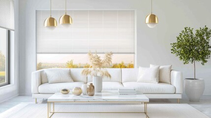 Minimalist modern living room, milk white walls, white leather sofa, white marble coffee table, gold pendant lights, classic window with blinds