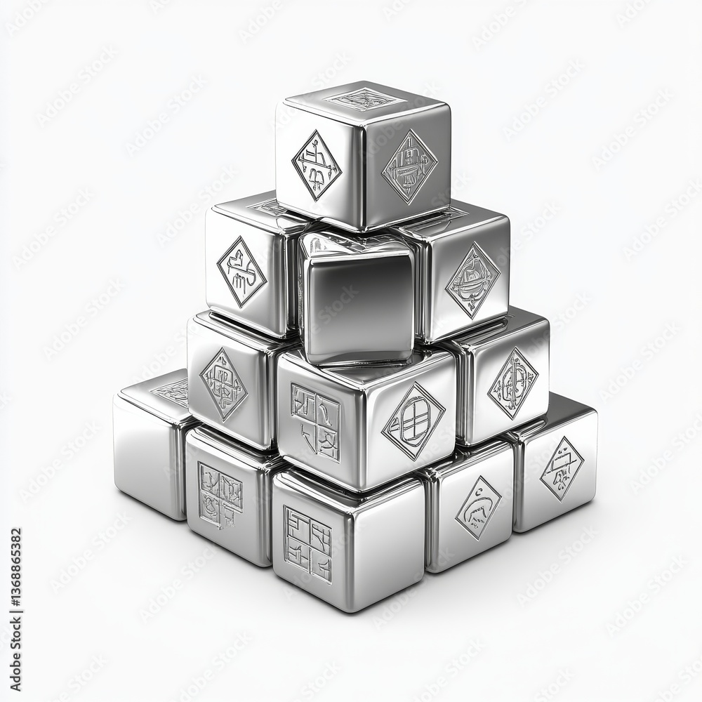 Poster silver cube stack with symbolic engravings on a clean white background, metal art pyramid.