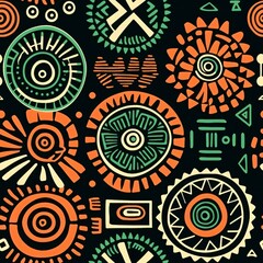 Fototapeta premium Tribal pattern with circular and geometric shapes in orange, green, and white on black background. Ethnic seamless design for fabric, wallpaper, and boho style decor