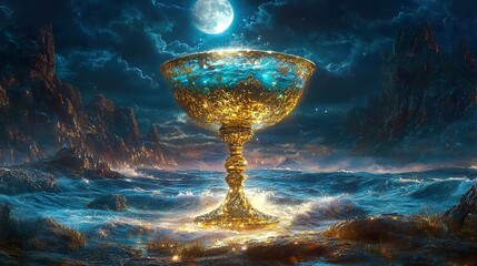 A floating golden goblet containing an oceanic elixir, its surface shifting like the tides under a full moon.