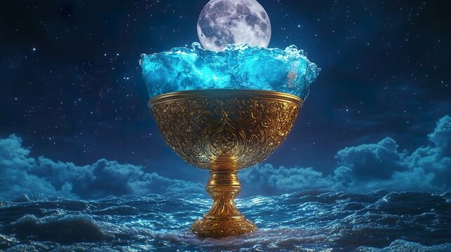 A floating golden goblet containing an oceanic elixir, its surface shifting like the tides under a full moon.