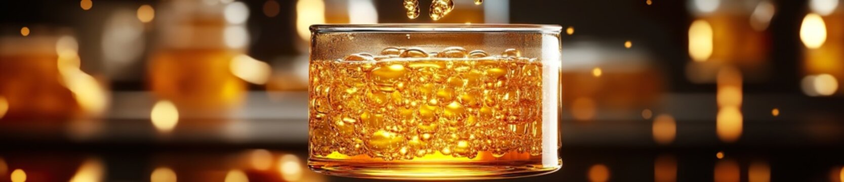 A floating glass of golden honey-like elixir, its texture continuously shifting between solid and liquid states.