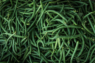 Close-up of green beans freshly harvested from the field