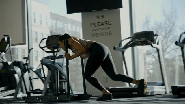 Weighted sled is pushed by a female athlete at a cross training gym