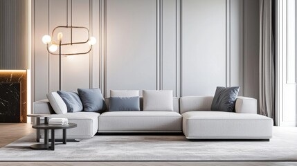 Soft interior, dove grey modular sofa, pastel blue cushions, brushed metal light fixture, matte textures, gentle ambient light, night mood