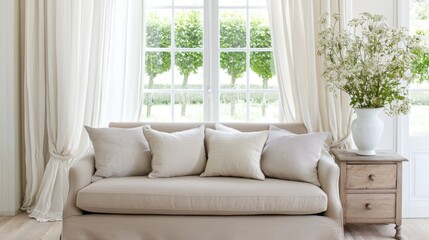 Soft Nordic French lounge, oatmeal tone sofa, cotton curtains, ceramic decor on low wooden dresser, cozy calm vibe