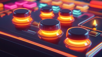 Close up of brightly lit arcade game buttons with retro futuristic vibe.