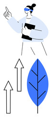 Woman wearing modern eyewear holding a book and gesturing upward, accompanied by arrows and a blue leaf. Ideal for technology, progress, innovation, growth, eco-solutions, leadership, sustainability