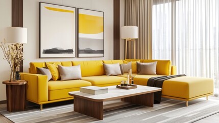 Stylish living room with bold yellow modular sofa, pale curtains, clean wood furniture, soft ambient lighting, cozy setting