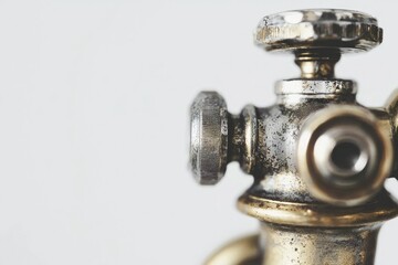 Close-up of a vintage brass valve with intricate details and signs of age on a white background.