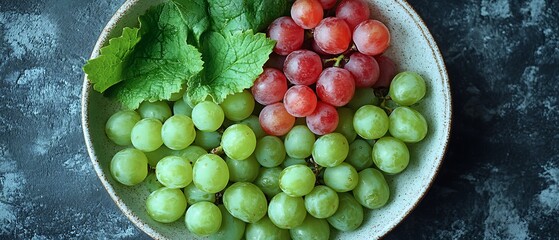 A bowl of red and green grapes with leaves
