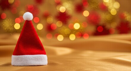Obraz premium A little red Santa hat with a white trim and pom-pom stands on a glossy gold fabric against a vibrant background of red and yellow bokeh lights with delicate snowflake designs