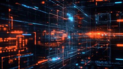 Obraz premium Abstract Digital Network Futuristic Orange and Blue Data Stream Lines Background