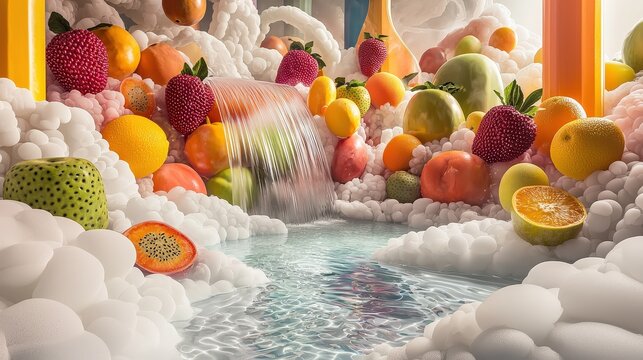 Vibrant surreal fruit paradise with waterfall and cloud formations