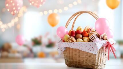 Naklejka premium Joyful gift basket filled with fruits and sweets at a party 