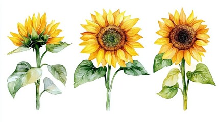 Naklejka premium An assortment of gentle watercolor sunflowers, set against a transparent background