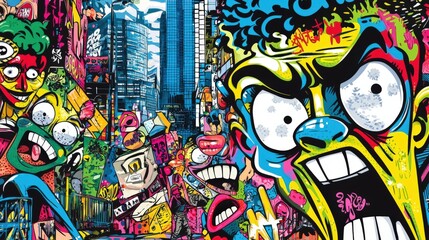 Vibrant urban street art with cartoon faces and colorful graffiti against city skyline