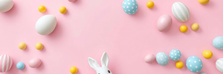 White Easter bunny surrounded by eggs on pastel pink background