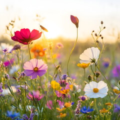 Fototapeta premium Colorful wildflowers blooming in a sunlit meadow 
