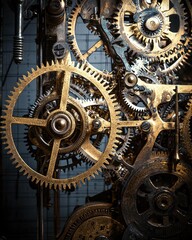 Vintage brass gears and cogs in intricate steampunk mechanical device