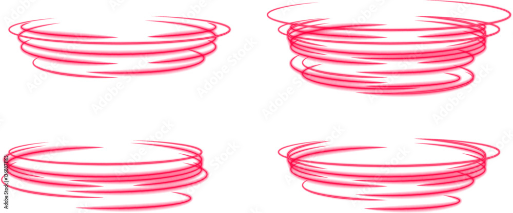 Poster collection of pink neon motion swirls for digital effects, glowing speed lines for modern designs.