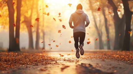 Obraz premium Autumn Jogging A Person Running Through a Colorful Fall Forest with Falling Leaves