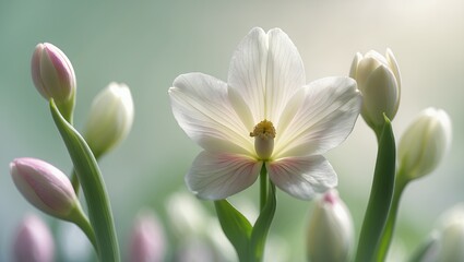 Obraz premium Delicate white flower with buds, backlit in soft light