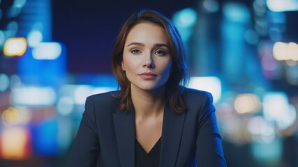 Obraz premium Elegant Woman in Dark Blue Business Suit Posing at Desk with Bokeh City Lights