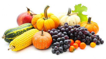 Variety of fruits and vegetables, including grapes, oranges, and squash, are displayed on a white background