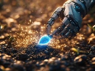 A futuristic robotic arm planting a glowing blue seed into