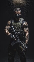 Naklejka premium Hombre musculoso con equipo táctico y un rifle, de pie en la oscuridad con una lluvia de polvo.
