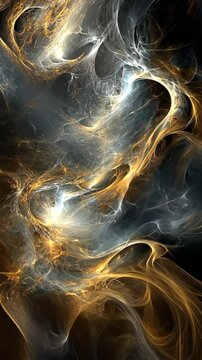 Swirling golden and silver patterns in a dark abstract cosmic background create a captivating visual experience