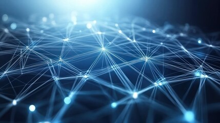 Abstract futuristic network of glowing nodes and connecting lines in blue tones.