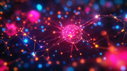 Abstract Network Connection Glowing Nodes and Lines in Pink, Blue, and Orange
