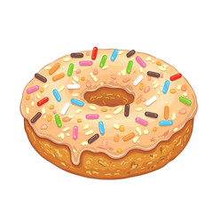Golden brown donut with colorful sprinkles and sugar glaze Perfectly centered on white background Delicious and irresistible treat