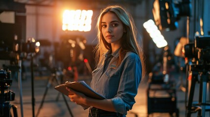 Fototapeta premium Female Professional with Clipboard on Film Set with Bright Stage Lights and Movie Cameras