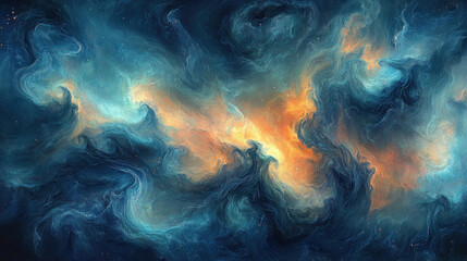 Fototapeta premium A mesmerizing swirling nebula displays vibrant blues, oranges, and golds, evoking the grandeur of cosmic clouds and distant galaxies.