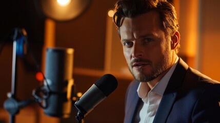 Focused Man Sings into Microphone in Recording Studio with Orange Illumination