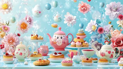 Obraz premium Whimsical tea party with colorful teapots, pastries, and flowers on pastel blue background