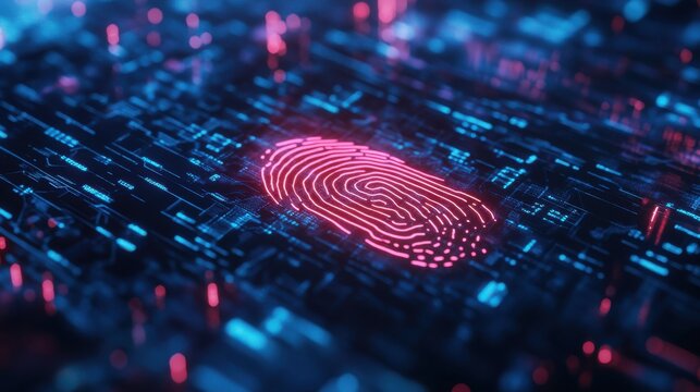 Futuristic Fingerprint Biometric Security Neon Pink Scan on Digital Circuit Board - Powered by Adobe