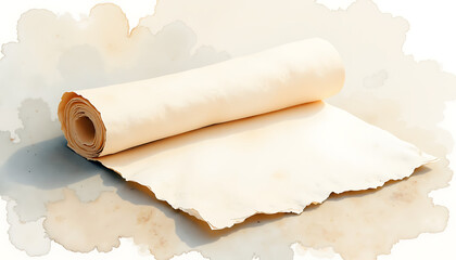 Fototapeta premium Rolled cream paper on a soft watercolor background