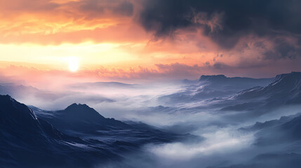 Obraz premium Misty veil of dawn breaks over a tempestuous landscape, veil, landscape, cloudy. Dawns Veil. Illustration