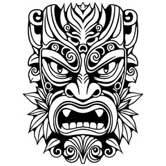 Tribal tiki mask with intricate patterns and cannabis leaves